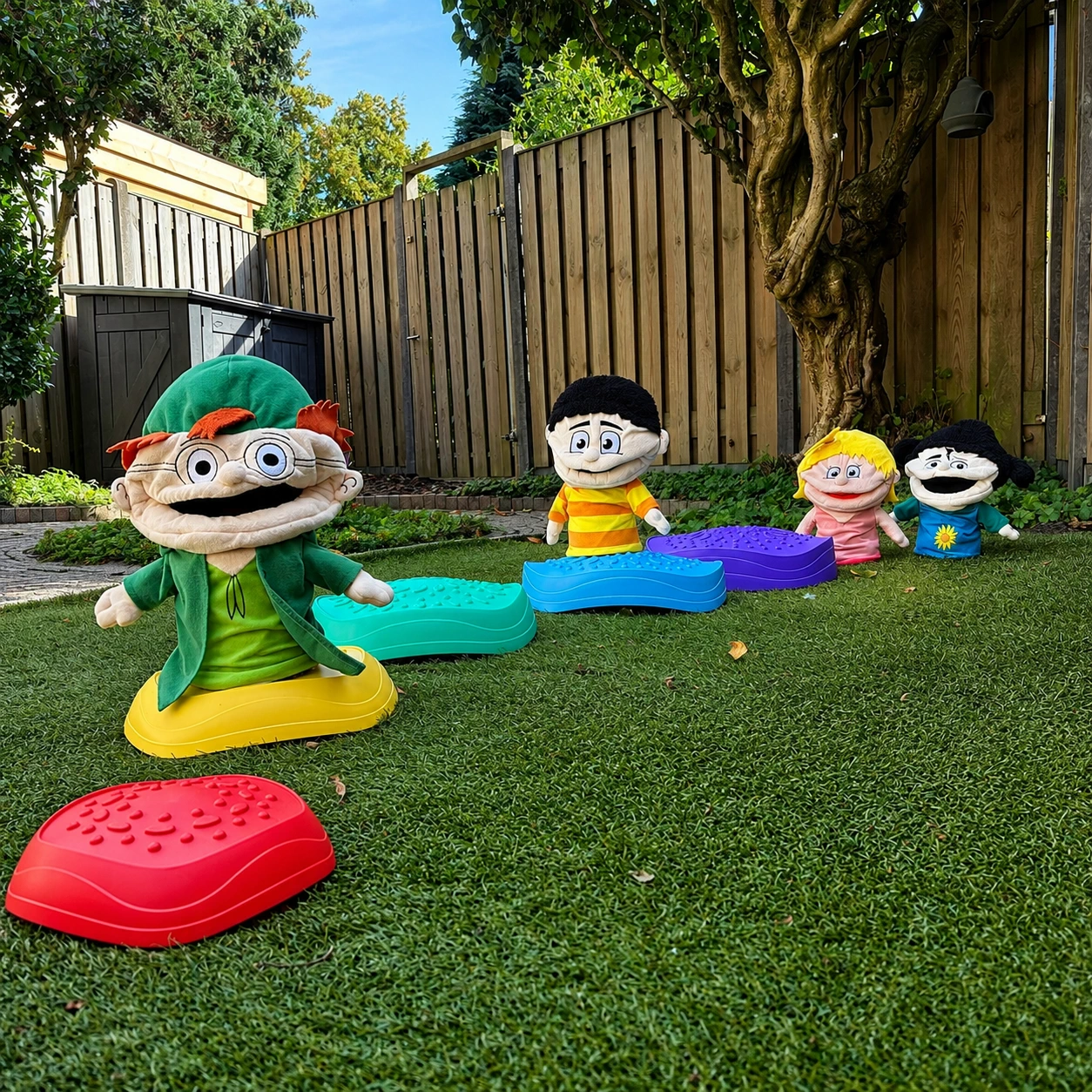 Foto in de tuin van de stapstenen met de handpoppen van de methode.