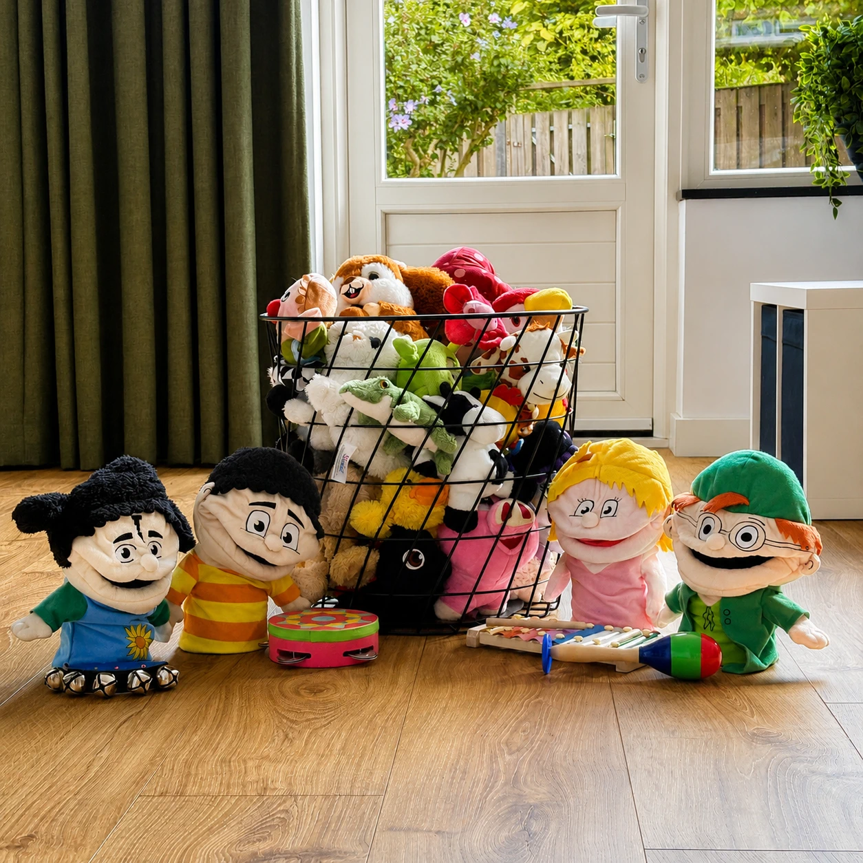 Foto in de woonkamer van de liedjesmand met de handpoppen van de methode.