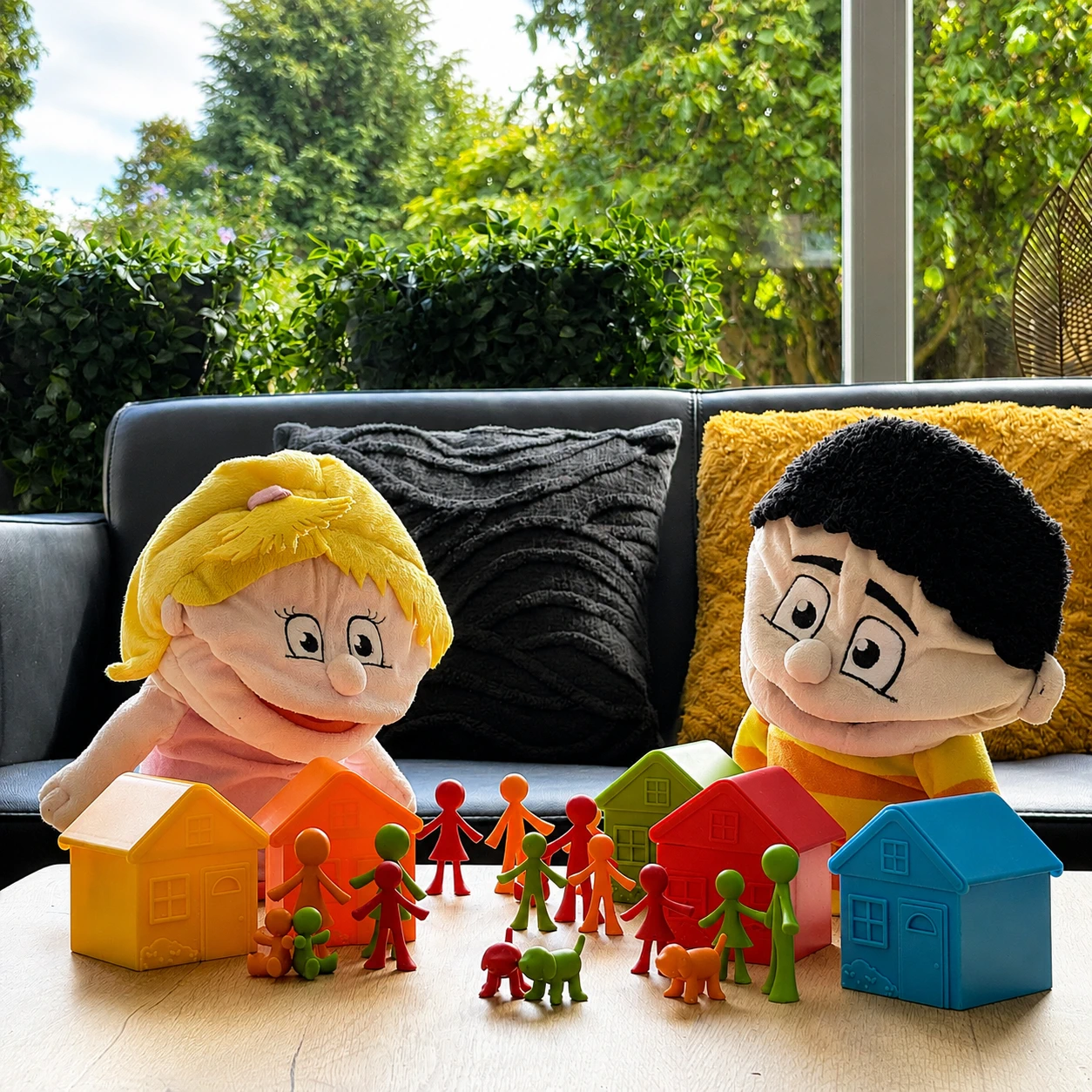 Foto in de woonkamer van de speelgoed fantasie huisjes met de handpoppen van de methode.