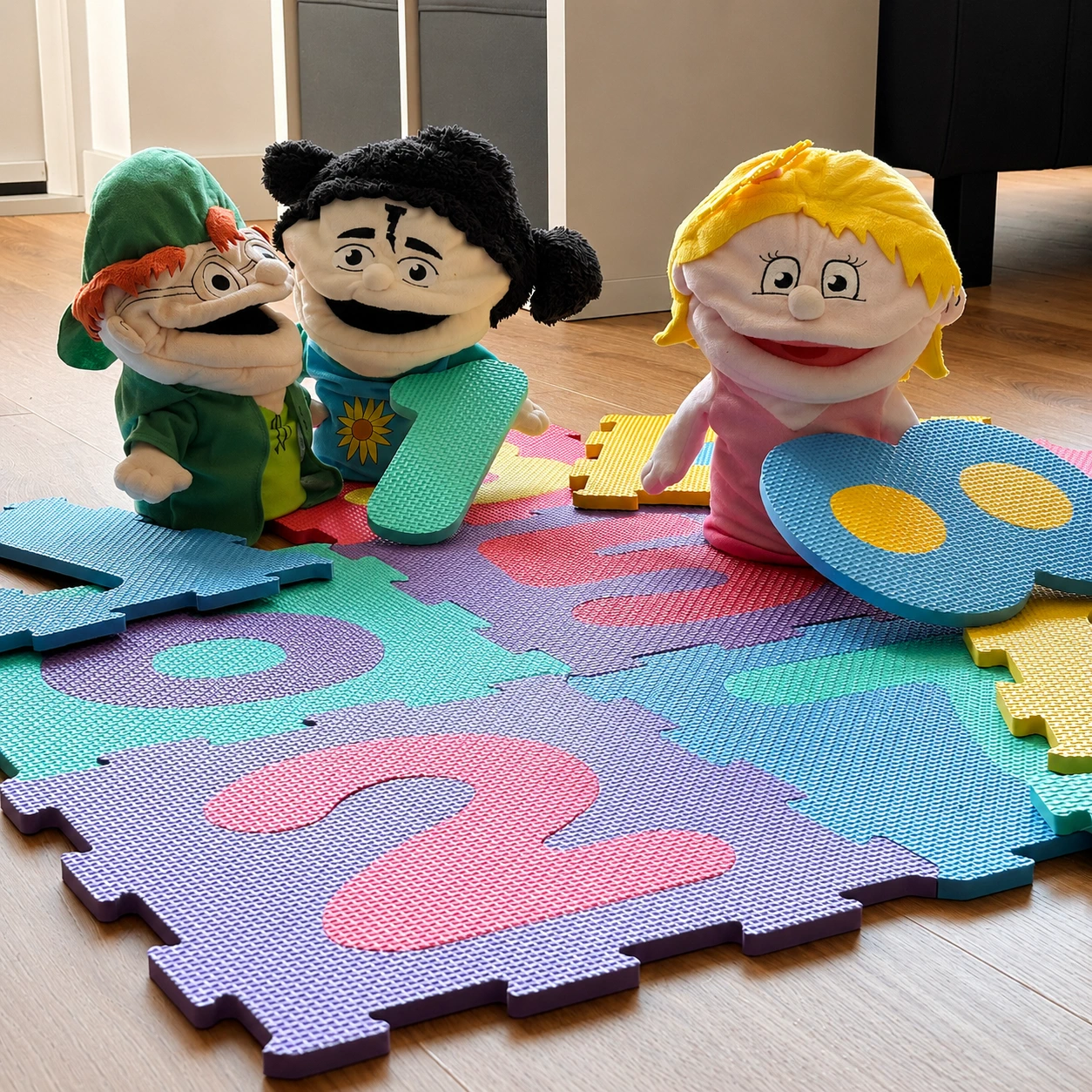 Foto in de woonkamer van de speelmatten met de handpoppen van de methode.
