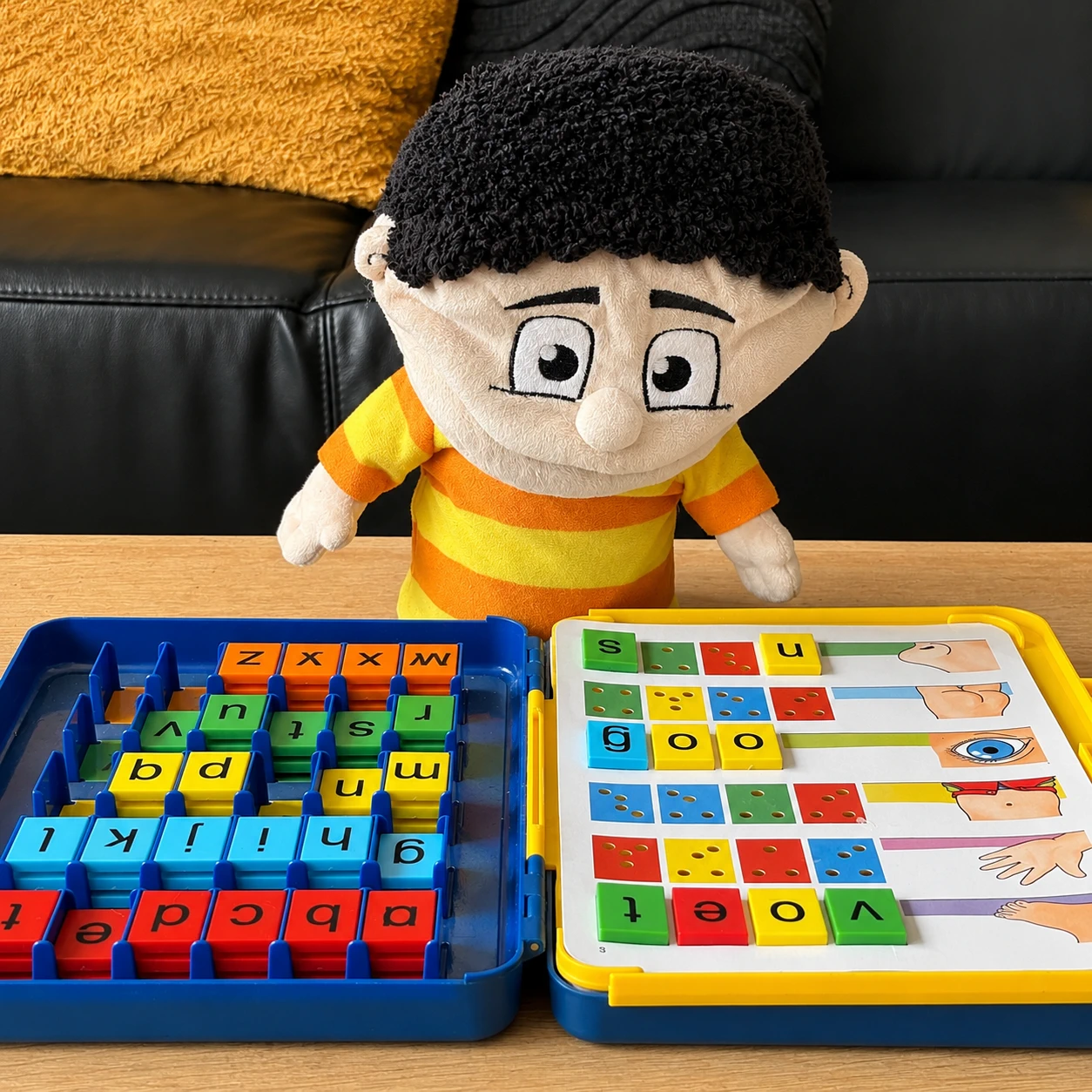 Foto in de woonkamer woorden maken met de handpoppen van de methode.